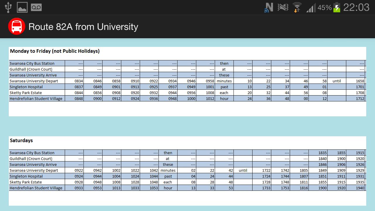 Swansea Student Bus Timetable